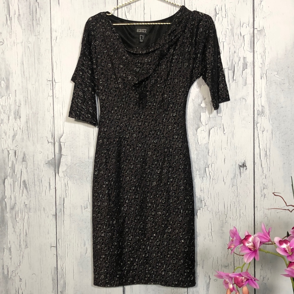 Adriana Papell Black/Metallic Stretch Lace 4 EUC